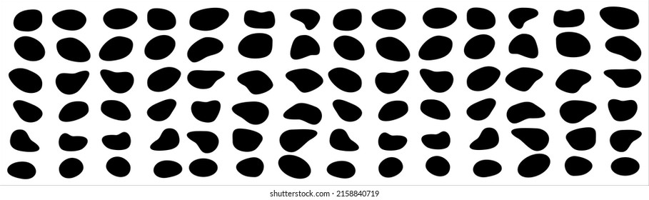 Set of different blotch shapes. Random abstract liquid shapes, round abstract organic elements. Pebble, drops and blobs silhouettes. Simple rounded shapes. Vector illustration