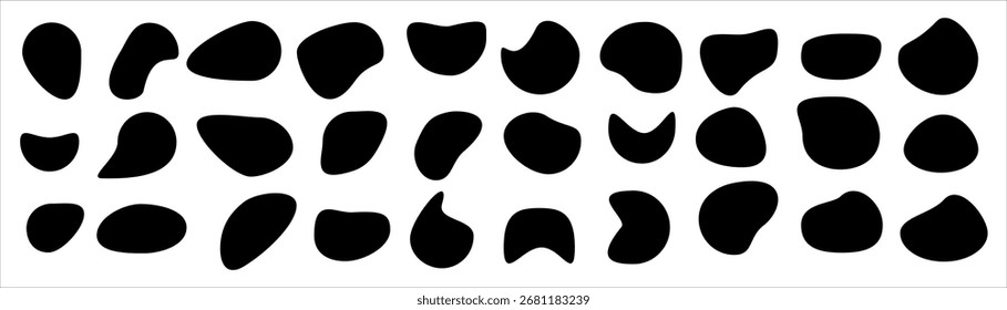 Set of different blotch shapes. Random abstract liquid shapes, round abstract organic elements. Pebble, drops and blobs silhouettes. 