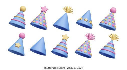 Set of different blue birthday caps 3D style vector illustration isolated on white. Colorful blue cartoon style birthday cone hats striped, doted, with stars, tassels, ribbons. Surprise birthday decor