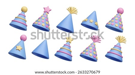 Set of different blue birthday caps 3D style vector illustration isolated on white. Colorful blue cartoon style birthday cone hats striped, doted, with stars, tassels, ribbons. Surprise birthday decor