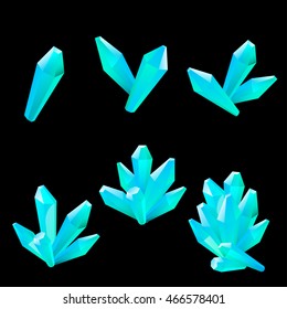 Set of different blue crystals, gemstones, gems, diamonds. Vector gui assets collection for game design isolated on dark background.
