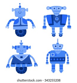 Set of different blue cute robots. Vector illustration.

