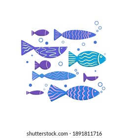 Conjunto de diferentes peces de doodle azules con patrón boho y burbujas. Escuela de pescado. Objeto de laguna plana vectorial para postal, pegatina, banner y su diseño.