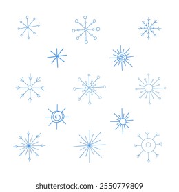Um conjunto de diferentes flocos de neve voadores azuis desenhados à mão com uma linha isolada em um fundo branco, ilustração gráfica, rabiscar, vetor. Um elemento decorativo sazonal para umas férias, decoração