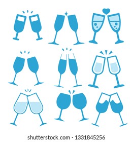 set different blue glass cups cheers icons illustration.-vector