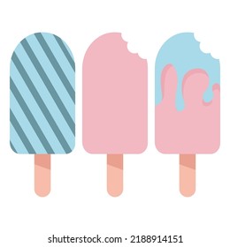 Set of different blue and pink ice creams with bite