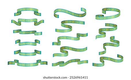 Set of different blue ribbons with golden traditional kazakh ornament isolated on a white background. Vector illustration