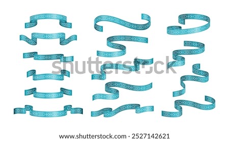 Set of different blue ribbons with traditional kazakh ornament isolated on a white background. Vector illustration