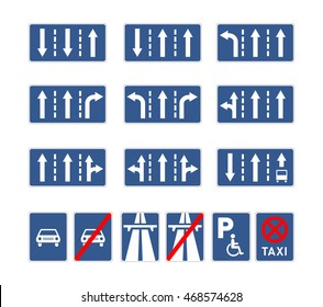 Set of different blue road signs isolated on white