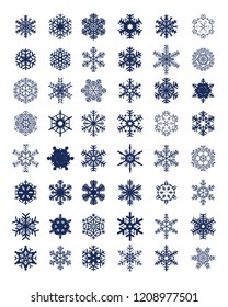 Set of different blue snowflakes on a white background