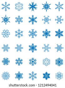 Set of different blue snowflakes on a white background