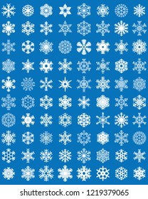 Set of different blue snowflakes on a white background