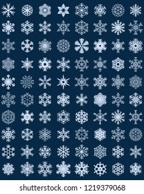 Set of different blue snowflakes on a white background