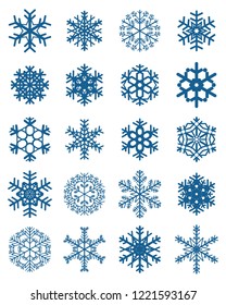 Set of different blue snowflakes on a  white background