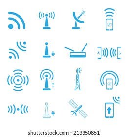 Set of different blue vector wireless and wifi icons for remote access and communication via radio waves
