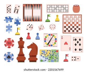 Set of different board game elements flat style, vector illustration isolated on white background. Chessmen, dices, checkers and backgammon. Collection of gambling elements