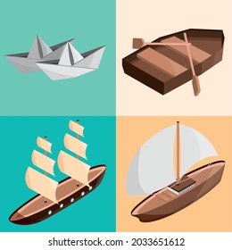 set different boats isometric style