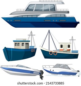 Set of different boats on white background illustration