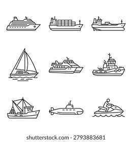 Set of different boats and ships sailing on water