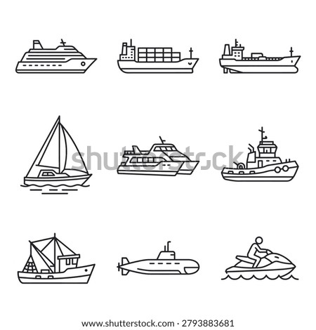 Set of different boats and ships sailing on water