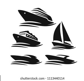 Set of different boats and ships. Vector icon