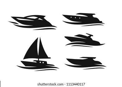 Set of different boats and ships. Vector icon