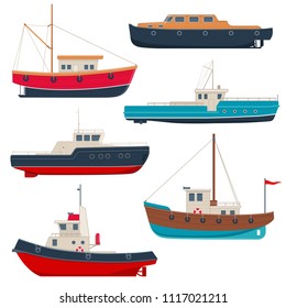 Set of different boats. Working fishing boats, launch boats and tug boats. Vector illustration on white background