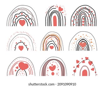 Conjunto de diferentes amantes del boho de los arcos con corazones.  El minimalismo abstracto. La decoración de las paredes. Elementos de diseño para portada de libros, plantilla de página, impresión, tarjeta, folleto, revista, afiche. Vector