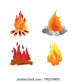 Set of different bonfires with a flame of fire, campfires and camping. Burning fire with wood and branches. Active rest, hiking, traveling. Vector illustration isolated.