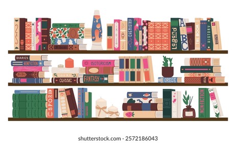 Set of different book spines. Home library. Fiction, scientific research, textbooks and encyclopedias. Student bookshelves. Vector illustration isolated on transparent background.