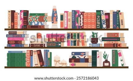 Set of different book spines. Home library. Fiction, scientific research, textbooks and encyclopedias. Student bookshelves. Vector illustration isolated on transparent background.
