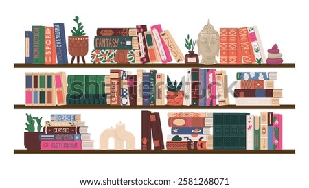 Set of different book spines. Home library. Fiction, scientific research, textbooks and encyclopedias. Student bookshelves. Vector illustration isolated on transparent background.