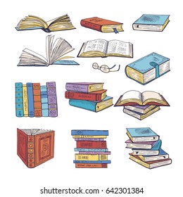 Set of different books. Encyclopedia, dictionary and others. Doodle vectors illustration. Book encyclopedia and paper dictionary book