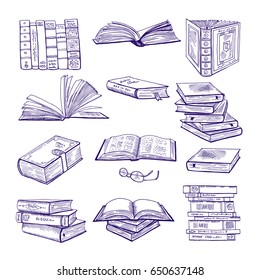 Set of different books. Hand drawn vector sketch. Doodle illustrations isolate on white.