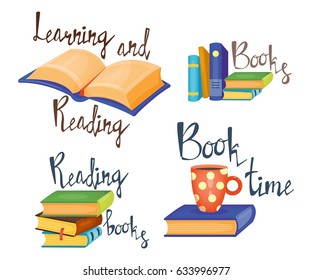 Set of different books and lettering. Reading time. Vector illustration. Cartoon style