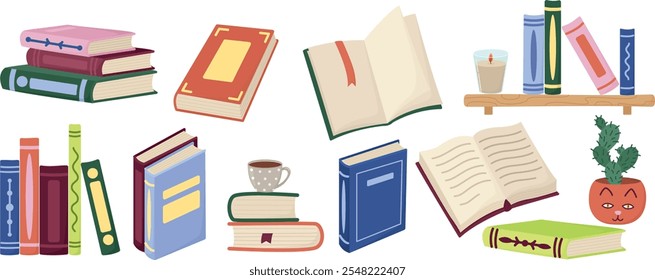 Set of different books, on shelves, in stacks, open book. Colorful flat illustration isolated on white background