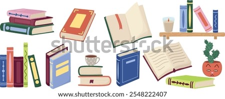 Set of different books, on shelves, in stacks, open book. Colorful flat illustration isolated on white background