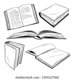 Set of different books on a white background. Vector illustration in sketch style.