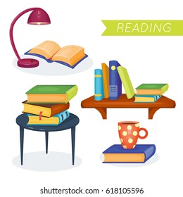 Set of different books. Reading time. Vector illustration. Cartoon style