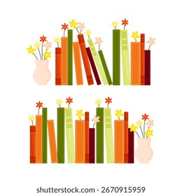 Conjunto de diferentes libros en una fila con flores dentro y flores en un jarrón