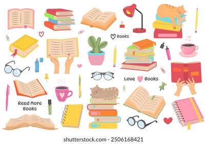 Set of different books and stationery. Stacks of books, textbooks, open books, planners, pens, pencils, glasses, mugs, cats and other. World book day. Literature, education, school concept.