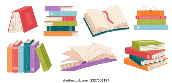 Set of different books. Textbooks and fiction. Library and bookstore. Knowledge, wisdom and information. School or university. Cartoon flat vector collection isolated on white background