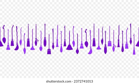 Set of different border seamless witch brooms element isolated vector design. silhouette