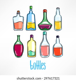 Set of different bottle with colorful beverages. Hand-drawn illustration