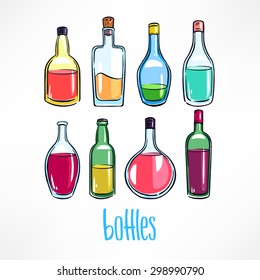 Set of different bottle with colorful beverages. Hand-drawn illustration