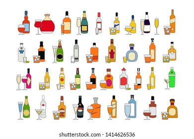 Set of different bottles of alcohol drinks with glasses. isolated on white background vector illustration. Holiday celebration.  