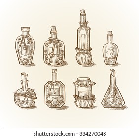 Set of different bottles and cans magic potions and liquids to the magic of cooking or kitchen design   