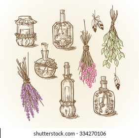 Set of different bottles and cans magic potions and liquids to the magic of cooking or kitchen design with dried flowers and feathers   