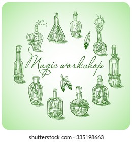 Set of different bottles and cans magic potions and liquids to the magic of cooking or kitchen design with feathers