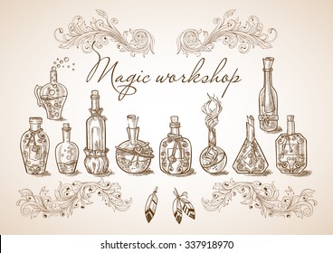 Set of different bottles and cans magic potions and liquids to the magic of cooking or kitchen design with feathers   